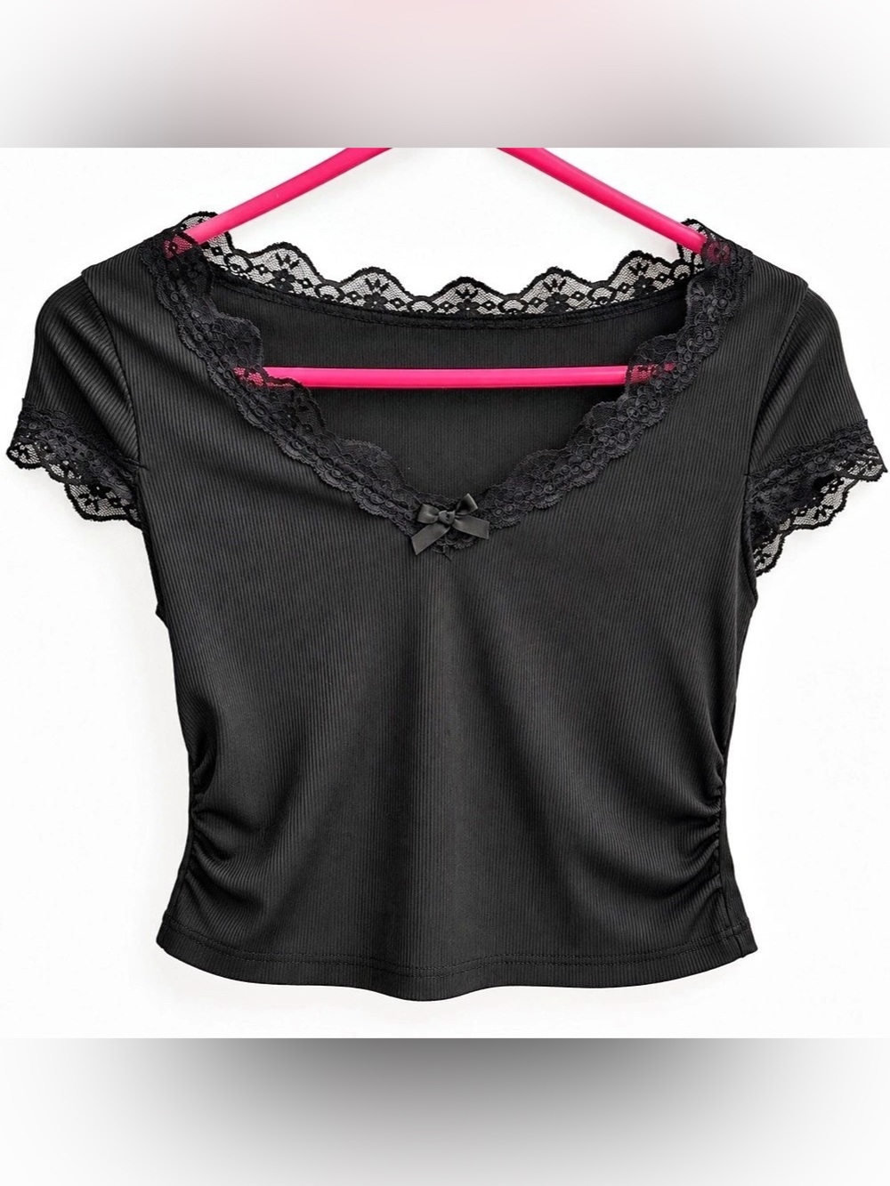 CIDER Lace Trim Ribbed Top in Black Small Like New